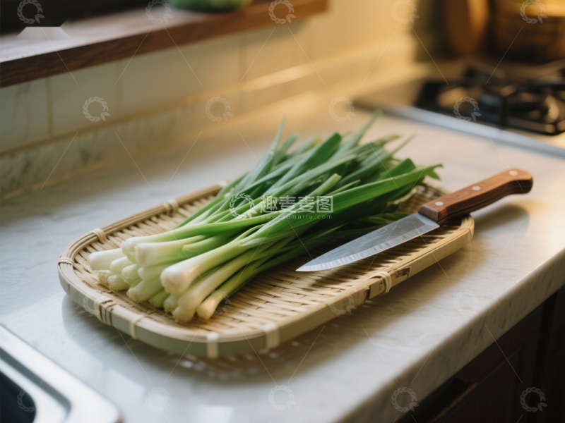 高清大图下载【趣麦麦图】厨房台面上的葱与刀具