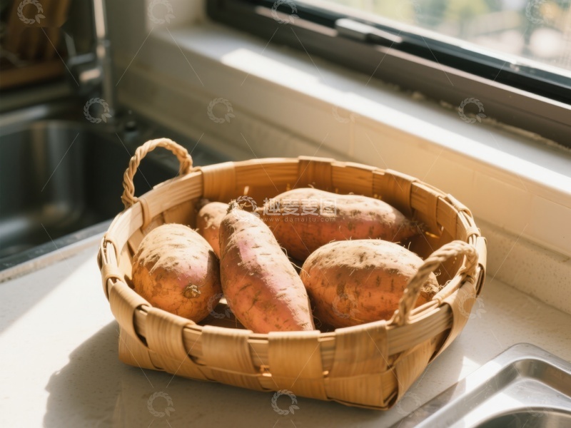 高清大图下载【趣麦麦图】窗边竹篮中的红薯