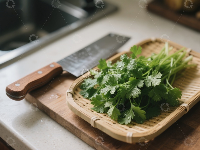 高清大图下载【趣麦麦图】新鲜香菜与刀具置于竹篮木板上