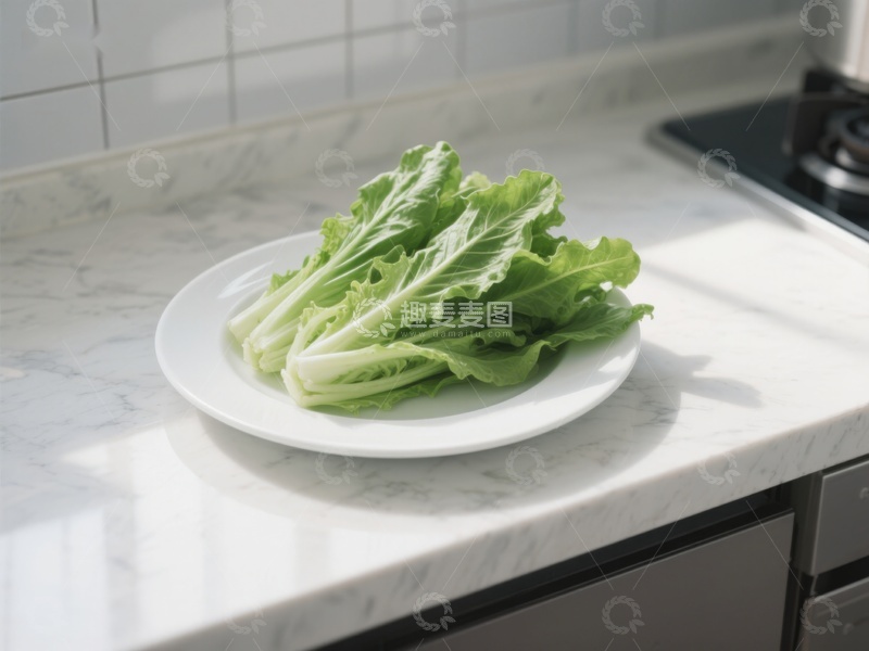 高清大图下载【趣麦麦图】新鲜生菜置于厨房台面
