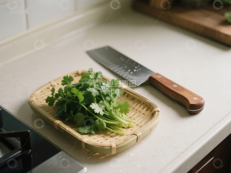 高清大图下载【趣麦麦图】厨房台面上的香菜与刀具