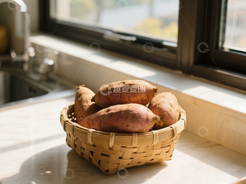 高清大图下载【趣麦麦图】窗边竹篮中的红薯