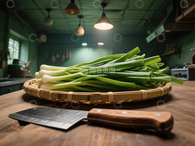 高清大图下载【趣麦麦图】新鲜葱段置于竹篮，旁配木柄刀具
