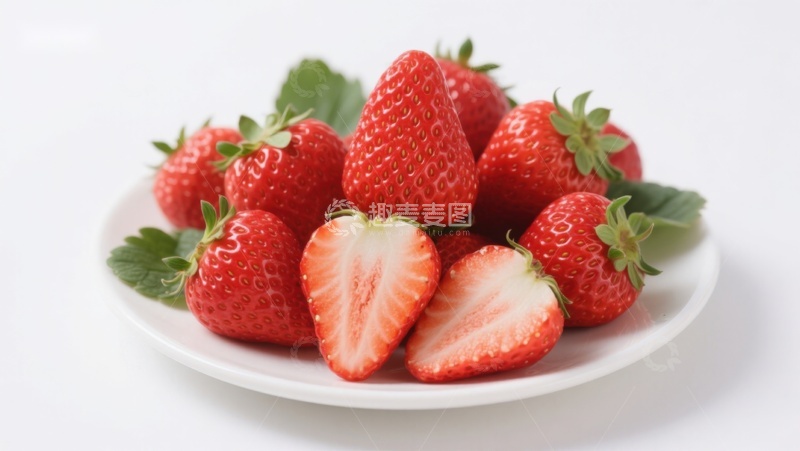 高清大图下载【趣麦麦图】新鲜草莓堆叠在白色盘中