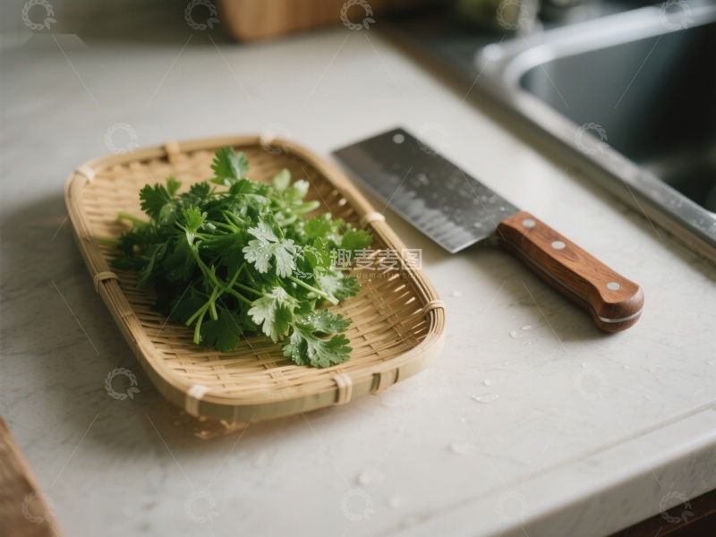 高清大图下载【趣麦麦图】香菜置于竹篮旁配菜刀
