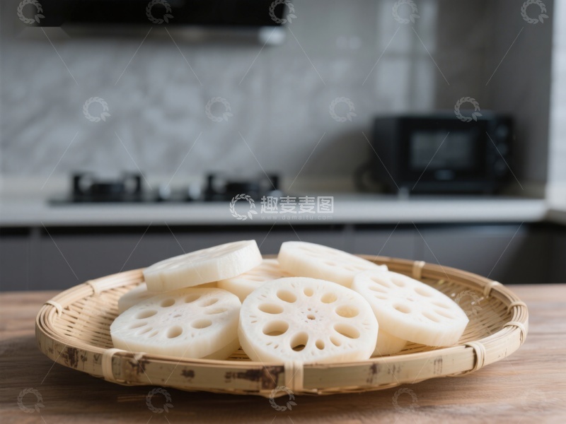 高清大图下载【趣麦麦图】新鲜莲藕片置于竹篮中