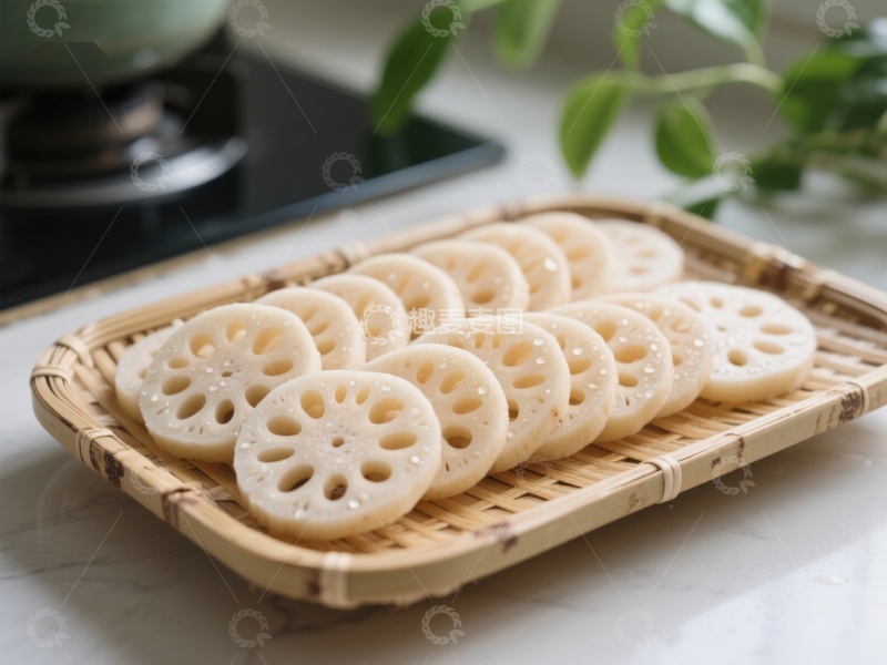 高清大图下载【趣麦麦图】莲藕切片摆放在竹制托盘上