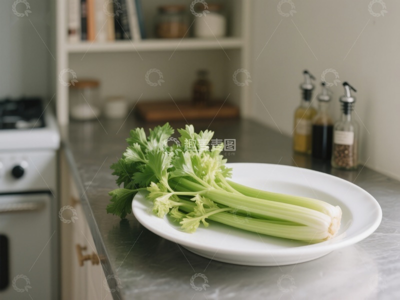 高清大图下载【趣麦麦图】新鲜芹菜置于厨房台面
