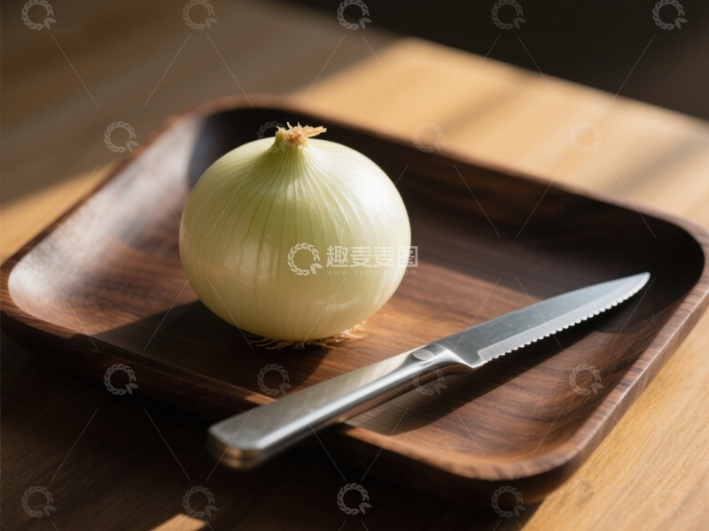 高清大图下载【趣麦麦图】洋葱与刀置于木质托盘