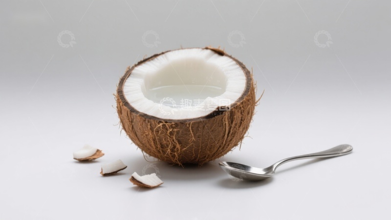高清大图下载【趣麦麦图】新鲜椰子与银勺的静物组合