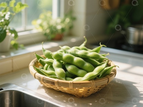 窗边竹篮里的新鲜毛豆