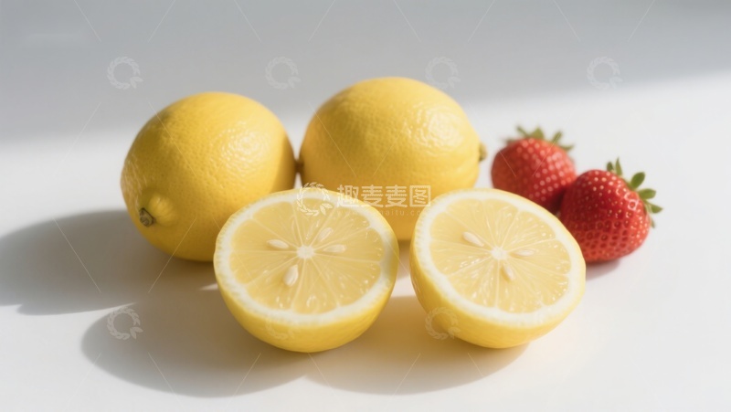 高清大图下载【趣麦麦图】新鲜柠檬与草莓的静物组合
