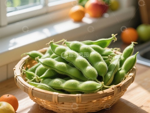 新鲜毛豆置于竹篮中，窗边水果点缀