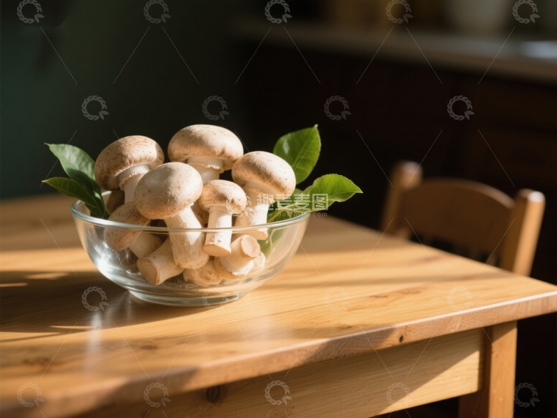 高清大图下载【趣麦麦图】玻璃碗中的新鲜蘑菇与绿叶