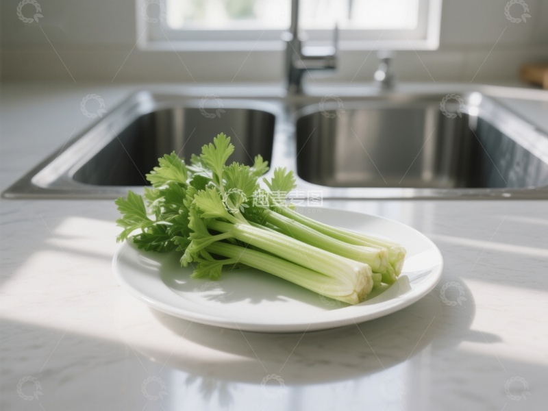 高清大图下载【趣麦麦图】新鲜芹菜置于厨房水槽旁的盘中