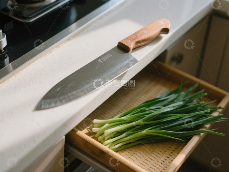 高清大图下载【趣麦麦图】厨房台面的刀具与葱苗