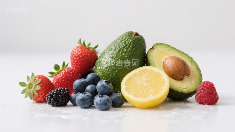 高清大图下载【趣麦麦图】新鲜水果组合：草莓、蓝莓、牛油果和柠檬
