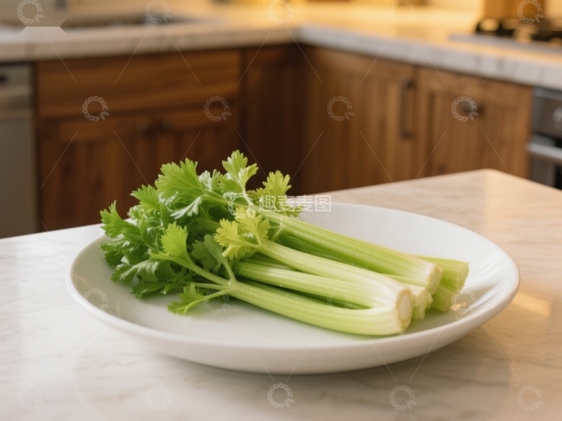 高清大图下载【趣麦麦图】新鲜芹菜置于厨房白色盘中