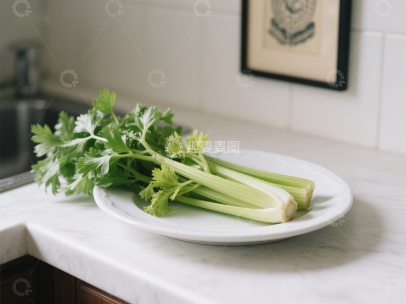 高清大图下载【趣麦麦图】新鲜芹菜置于白色盘中