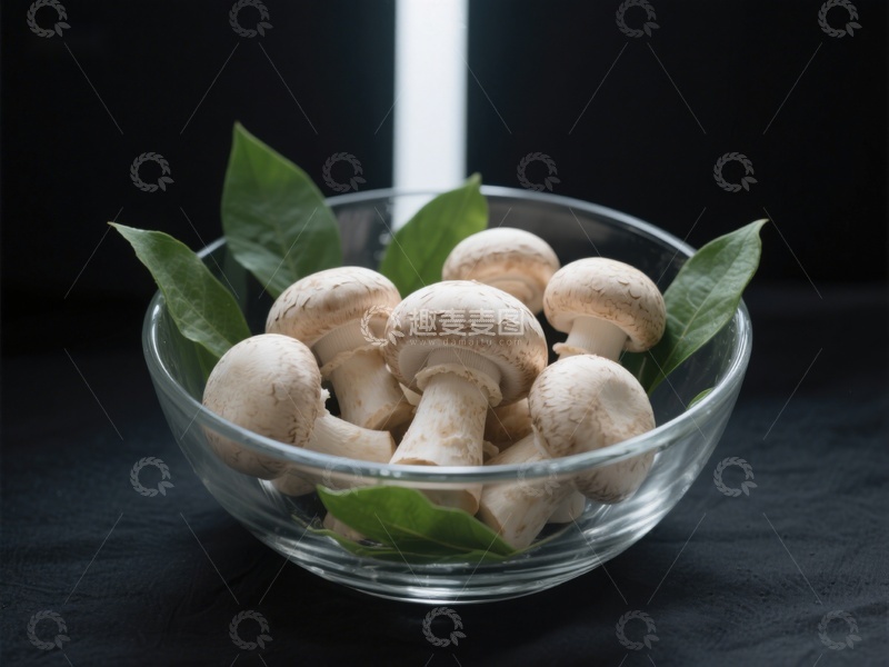 高清大图下载【趣麦麦图】玻璃碗中的蘑菇与绿叶