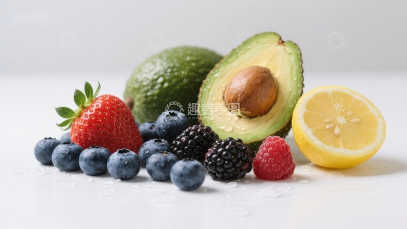 高清大图下载【趣麦麦图】新鲜水果组合：草莓、蓝莓、牛油果和柠檬