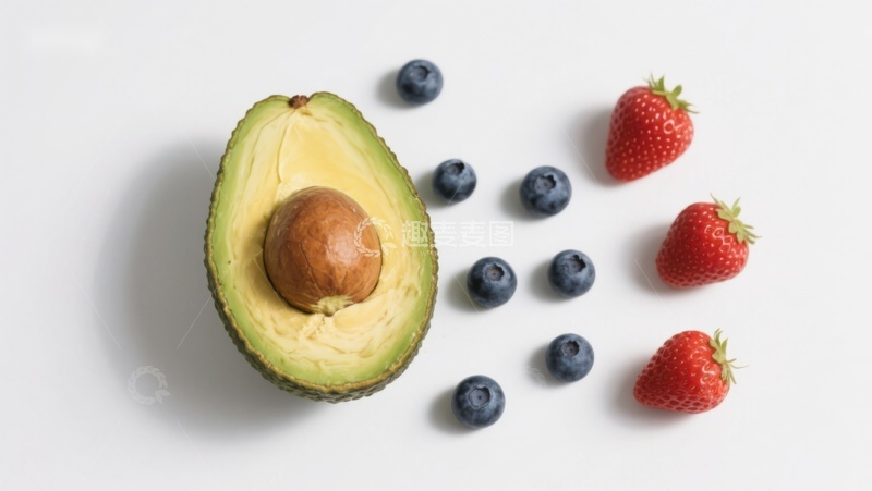 高清大图下载【趣麦麦图】新鲜水果组合：牛油果、蓝莓与草莓
