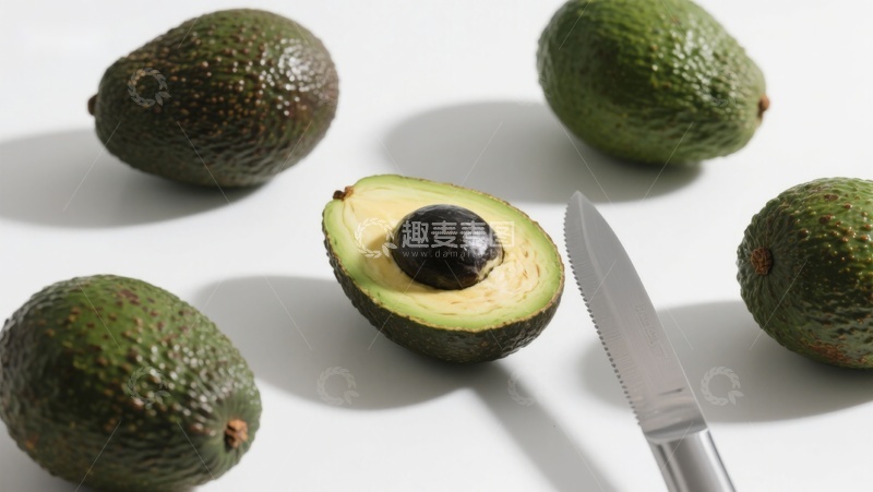 高清大图下载【趣麦麦图】新鲜牛油果与刀具的静物展示