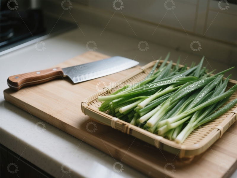 高清大图下载【趣麦麦图】新鲜葱段置于竹篮与砧板之上