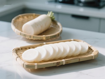 白萝卜切片展示于竹篮中