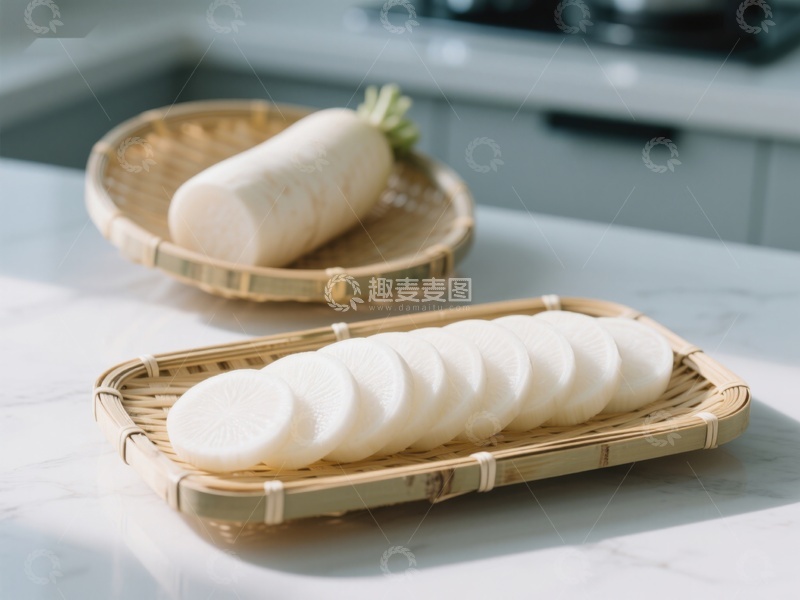 高清大图下载【趣麦麦图】白萝卜切片展示于竹篮中
