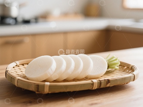 切片白萝卜置于竹盘之上