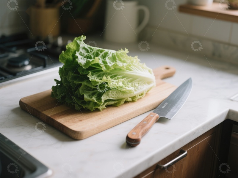 高清大图下载【趣麦麦图】生菜置于砧板上，旁配刀具
