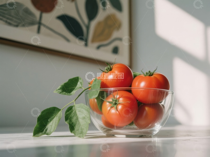 高清大图下载【趣麦麦图】新鲜番茄置于透明碗中，阳光洒落