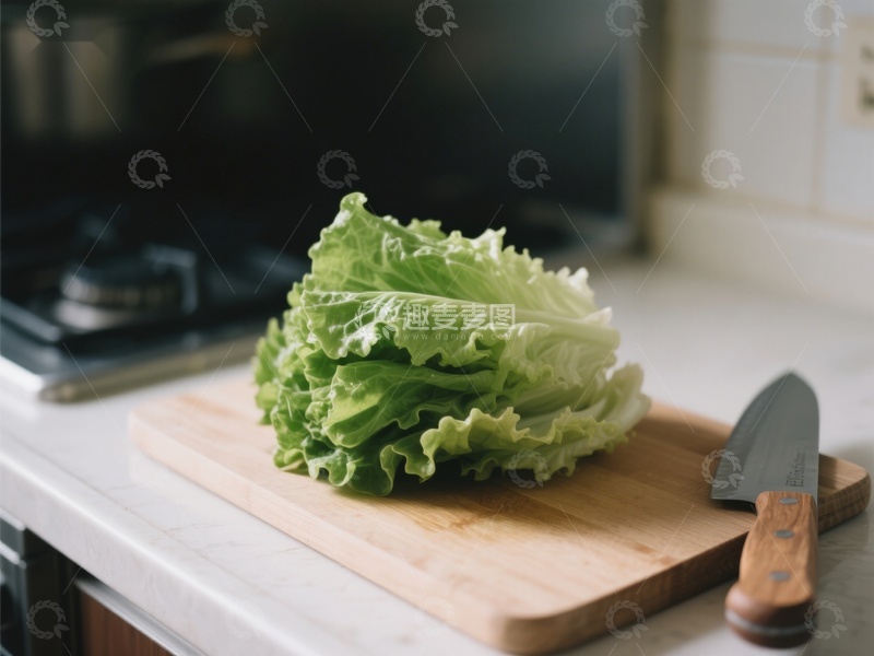 高清大图下载【趣麦麦图】生菜置于砧板之上，厨房一角