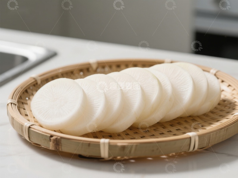 高清大图下载【趣麦麦图】切片白萝卜置于竹篮中