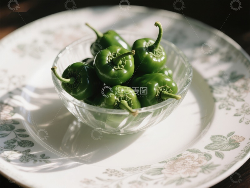 高清大图下载【趣麦麦图】青椒置于玻璃碗中，摆放于花纹盘上