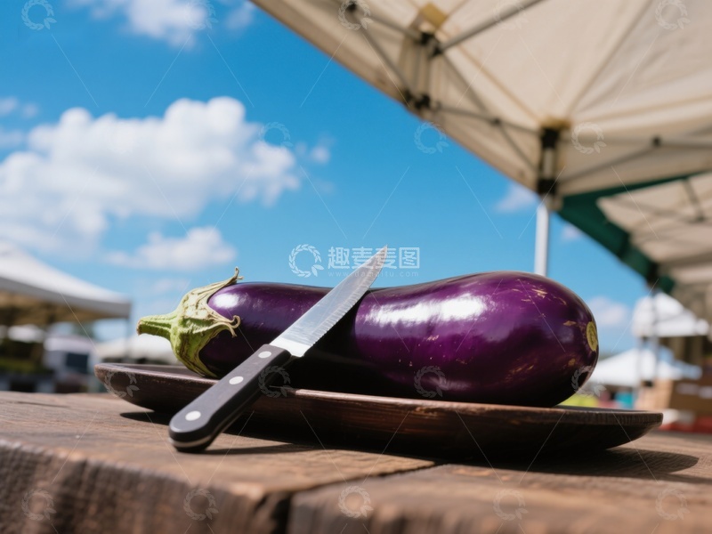 高清大图下载【趣麦麦图】户外市场上的茄子与刀具