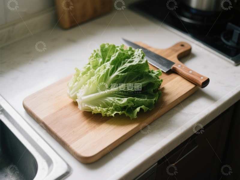 高清大图下载【趣麦麦图】生菜置于砧板上，厨房一角