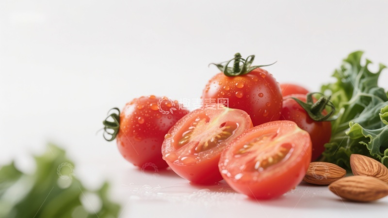 高清大图下载【趣麦麦图】新鲜番茄与绿叶蔬菜的健康组合
