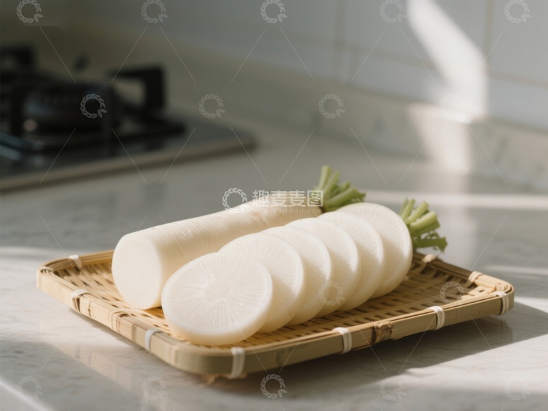 高清大图下载【趣麦麦图】新鲜白萝卜切片置于竹篮