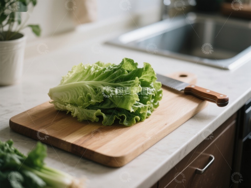 高清大图下载【趣麦麦图】生菜置于木质砧板上