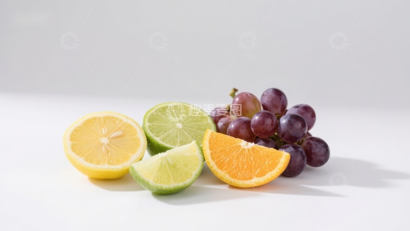 高清大图下载【趣麦麦图】新鲜水果组合：柠檬、青柠、橙子与葡萄