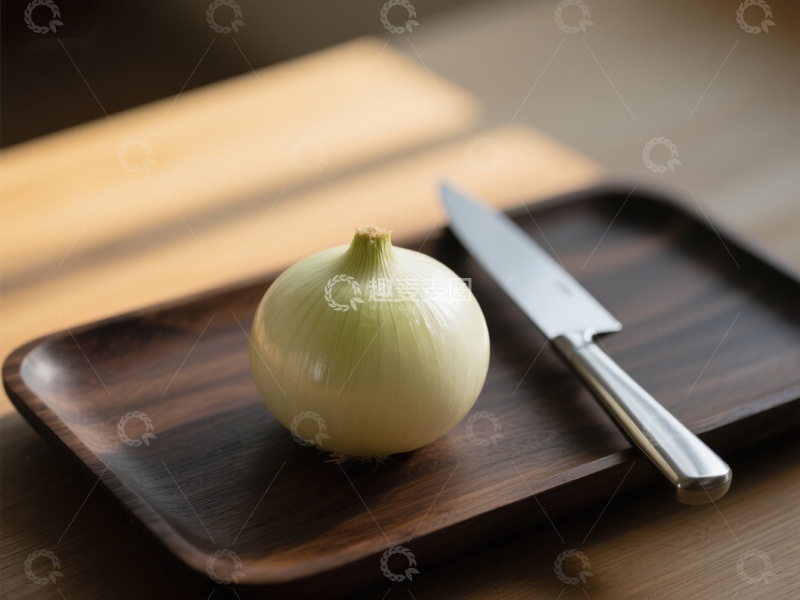高清大图下载【趣麦麦图】洋葱与刀置于木质托盘