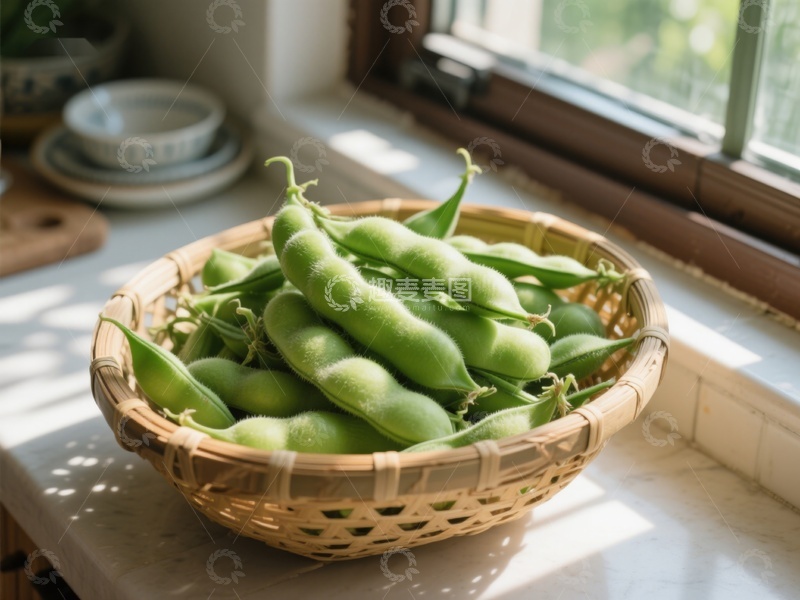 高清大图下载【趣麦麦图】窗边竹篮中的新鲜毛豆