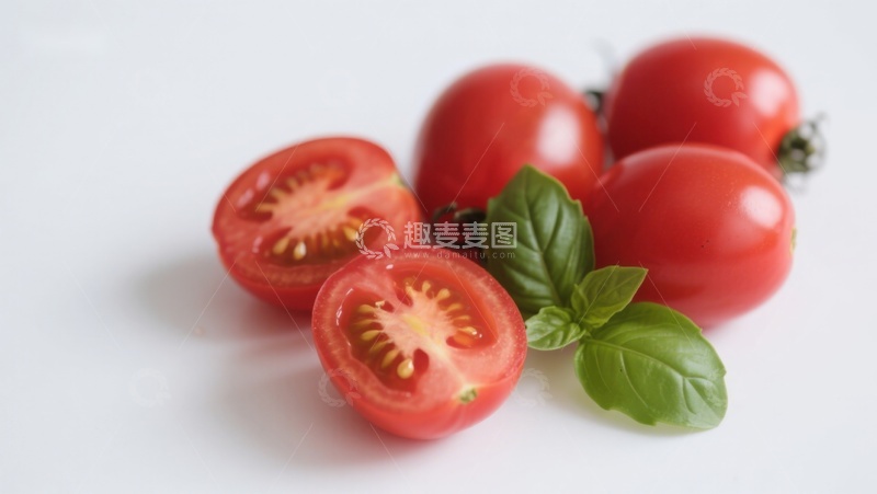 高清大图下载【趣麦麦图】新鲜樱桃番茄与罗勒叶