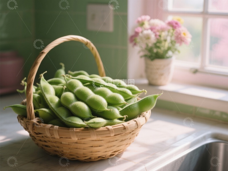 高清大图下载【趣麦麦图】篮子里的青豆荚置于厨房窗台
