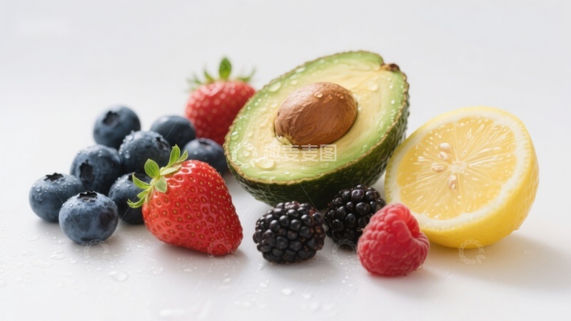 高清大图下载【趣麦麦图】新鲜水果组合：草莓、蓝莓、柠檬与牛油果