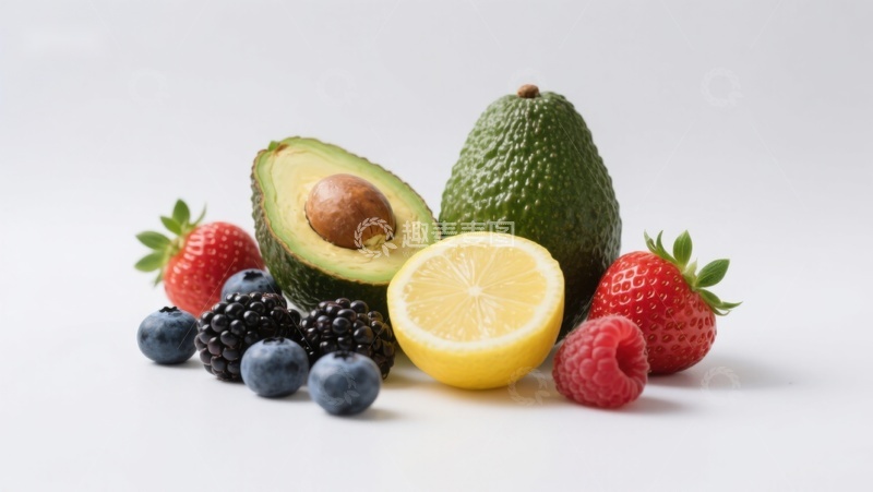 高清大图下载【趣麦麦图】新鲜水果组合：牛油果、柠檬与浆果