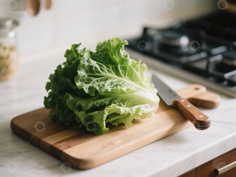高清大图下载【趣麦麦图】新鲜生菜置于木质砧板上