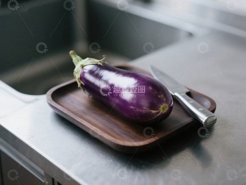 高清大图下载【趣麦麦图】紫茄子置于木质托盘与刀具旁